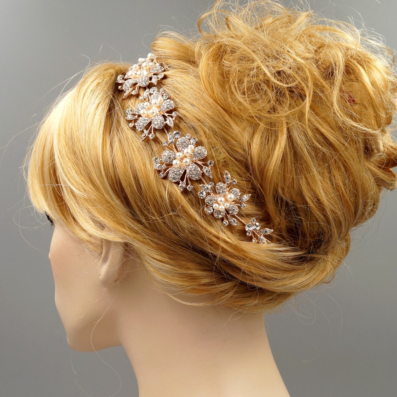 Floral Bridal Wedding Headband Headpieces Tiara Rose Gold Pearl Crystal 05694