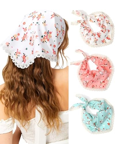 3Pcs Floral Head Scarf, Chiffon Hair Bandanas Kerchief, Blue/White/Pink