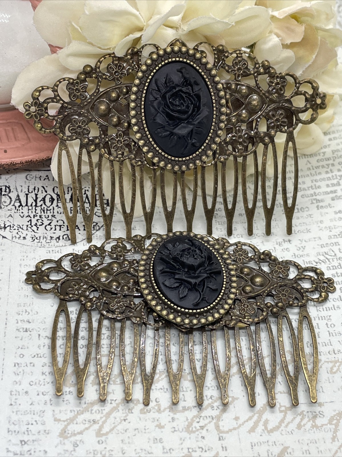 Pair of Bronze Barrette Jewelry Hair Comb Cameo Black Rose Gothic Witch Wedding