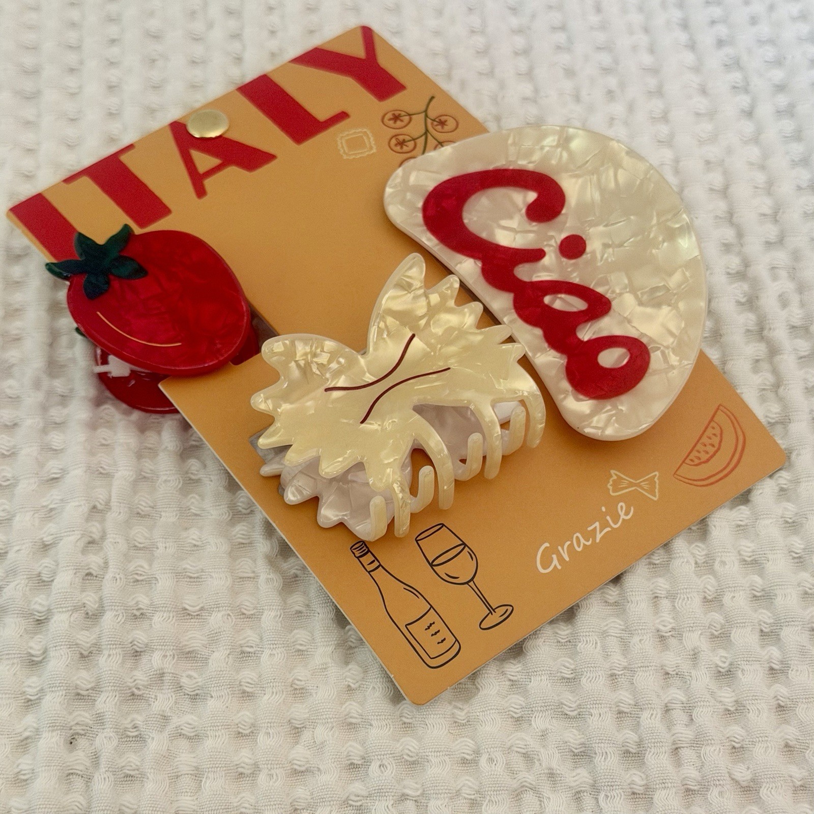 Italian Theme Hair Clips 3pc Red Tomato Pearlescent Farfalle Bowtie Pasta Ciao