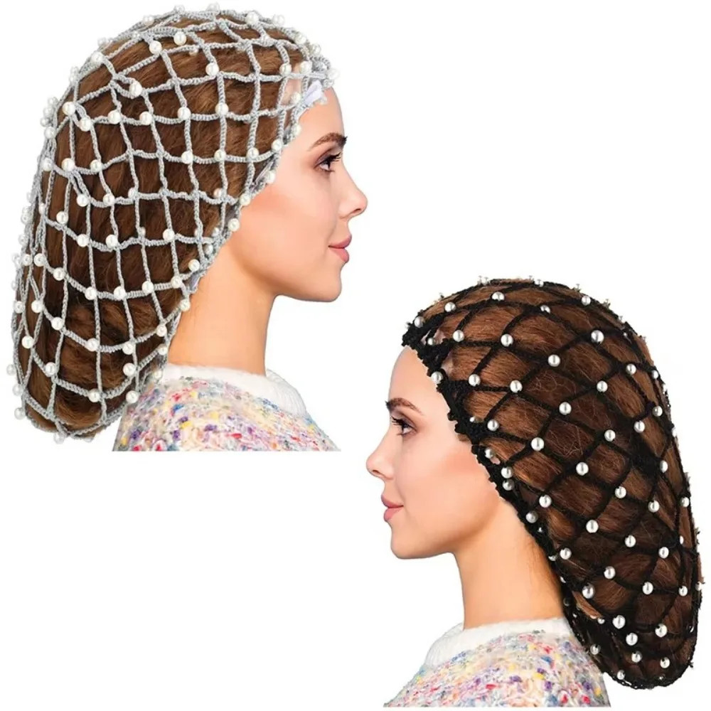 Crochet Hairnet Hair Net French Mesh Fish Net Snood with Pearls Women