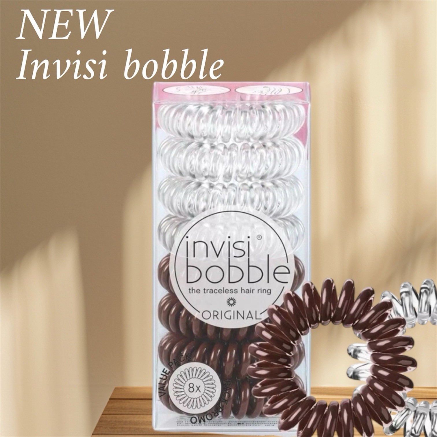 invisi Bobble Original Traceless Spiral Hair Ties – Pk 8, Crystal Clear & Brown