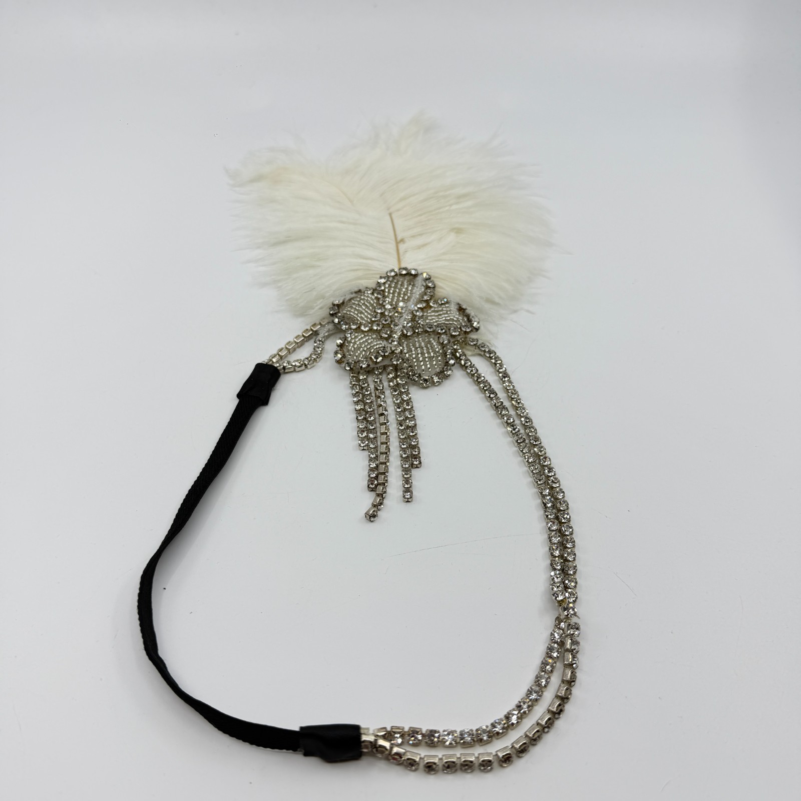 Glamorous 1920s Flapper Headband White Feather Crystal Rhinestone Gatsby Style