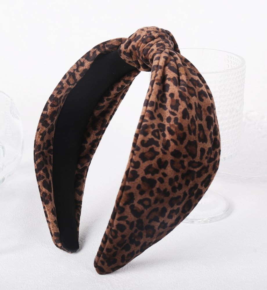 Brown Leopard Printed Wide Velvet Top Knotted Headband Hair Accessories Band