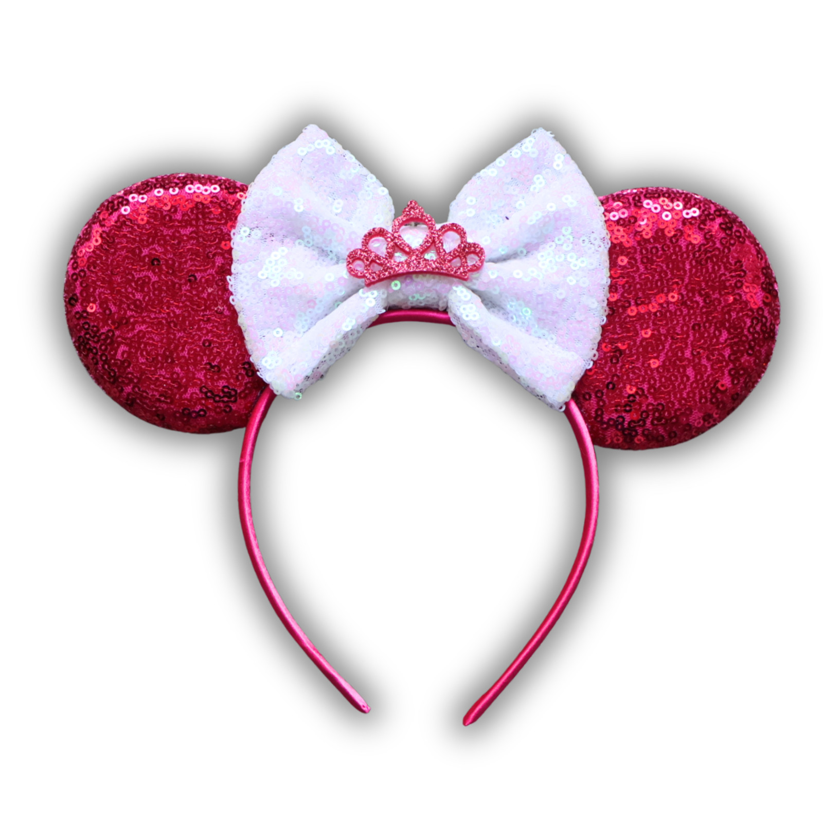 Princess Inspired Mouse Ears Headband Pink Sequin White Bow Tiara Park Ears