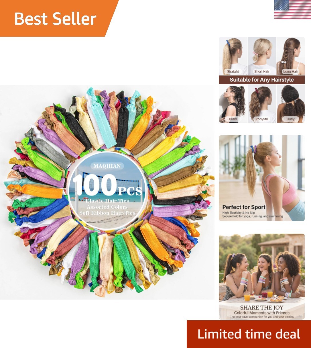 100 PCS Elastic No Crease Soft Ribbon Hair Ties – 20 Colors for Women and Girls