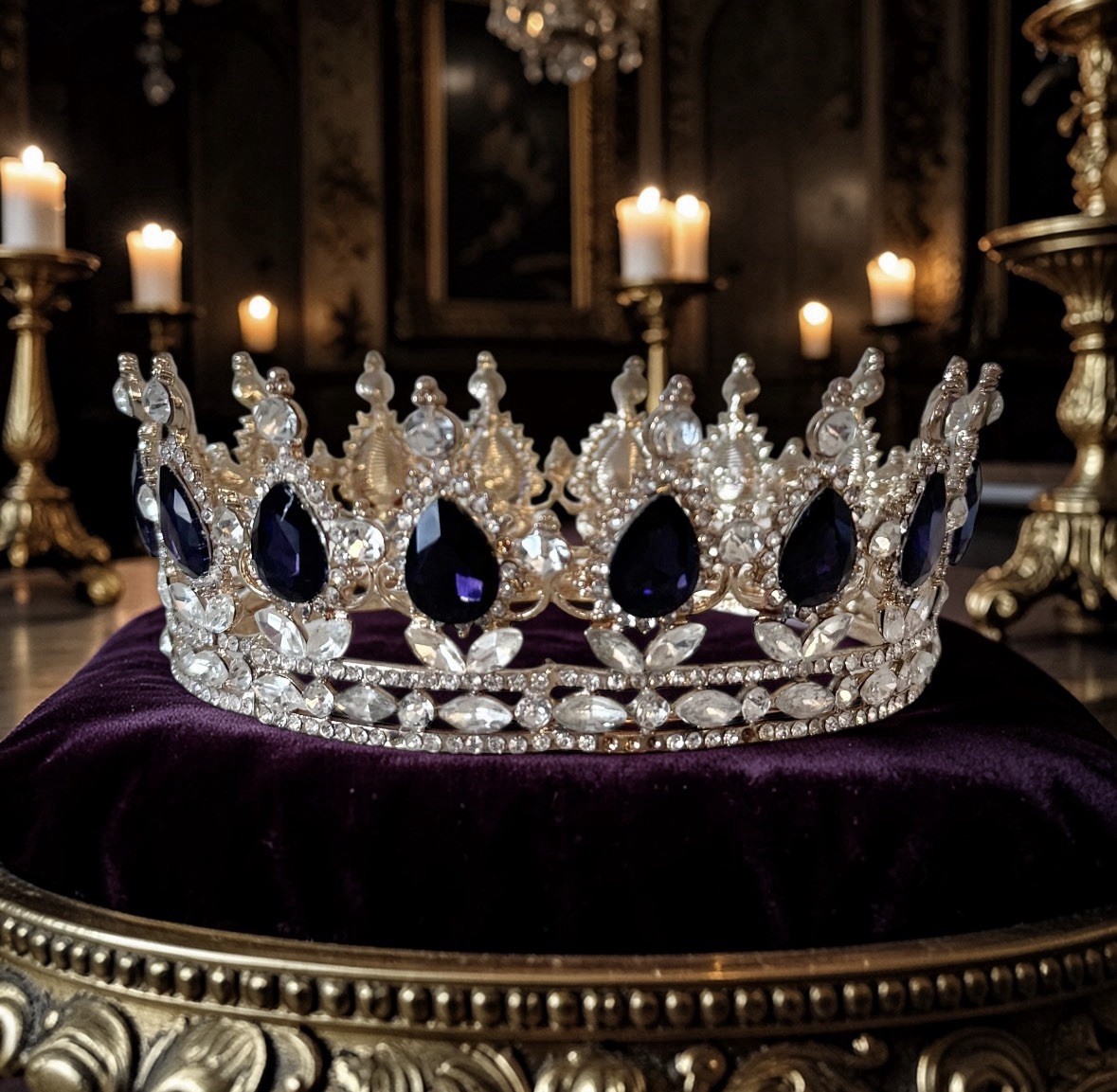 Gold Tone Purple Teardrop Crystal Rhinestone Tiara Crown Baroque Bridal Prom