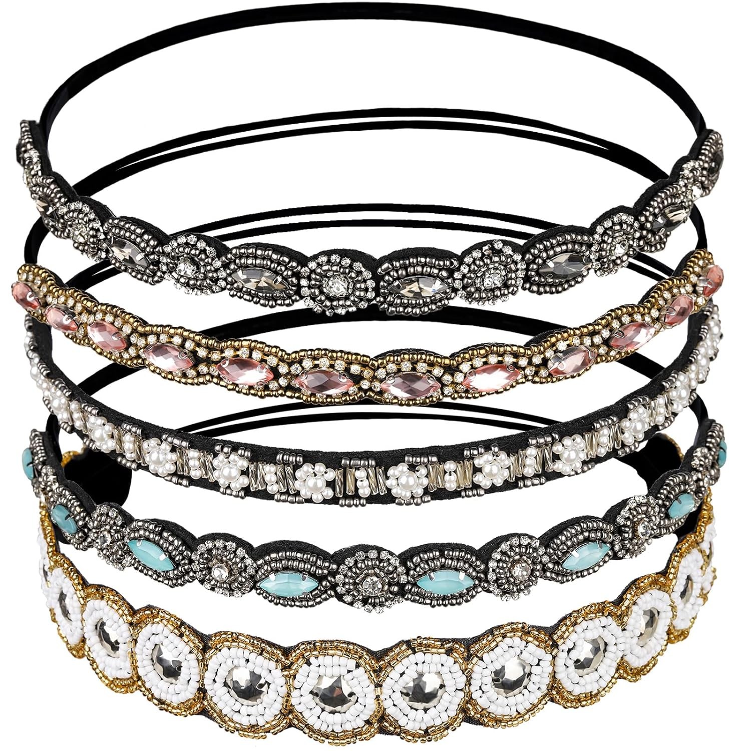 Teenitor 5pcs Hairbands for Women, 5 Rhinestone Beaded Headbands, Head Bands for