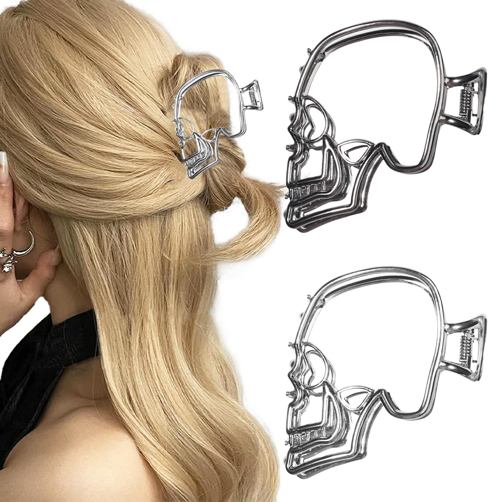 2PCS Metal Hair Claw Clips Silver & Black for 1 Count (Pack of 2),