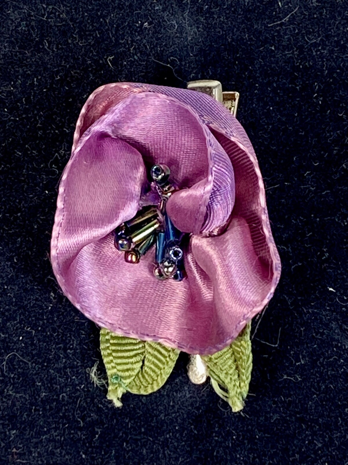Modern 20’s-style unique purple silk tiny up-cycled ribbon work flower hair clip