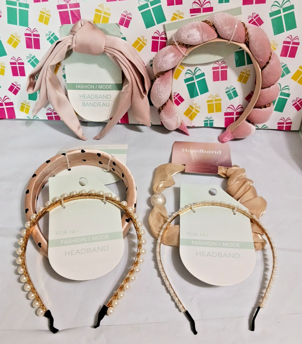 Hair Bands lot of 6. Pink bow, padded. pearl beads on goldtone band. All 6 New