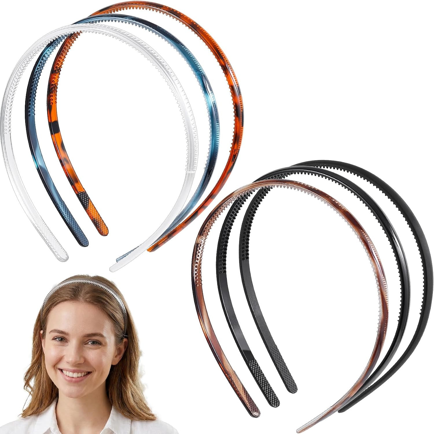 6Pcs Skinny Headbands for Women, Plastic Thin Headband with Teeth, Non-Slip Plai