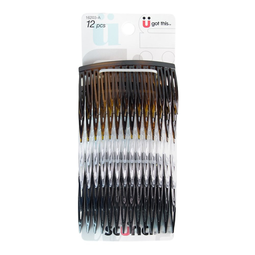 Scunci Plastic Side Hair Combs, Black, Clear, and Tortoise Shell, 12 Ct