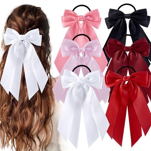 6Pcs Bow Hair Ties Non-Damage Ponytail Holders Hair Bows White/Pink/Red/Black