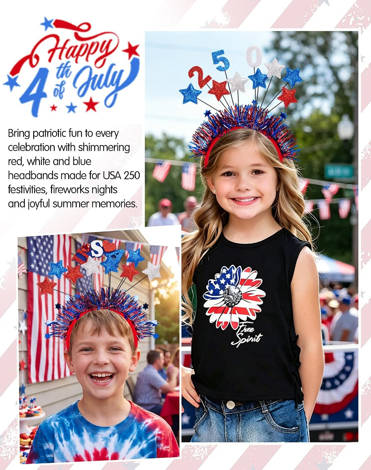 4Th of July Headband, Patriotic USA Hair Accessories Red White Blue Star Tinsel