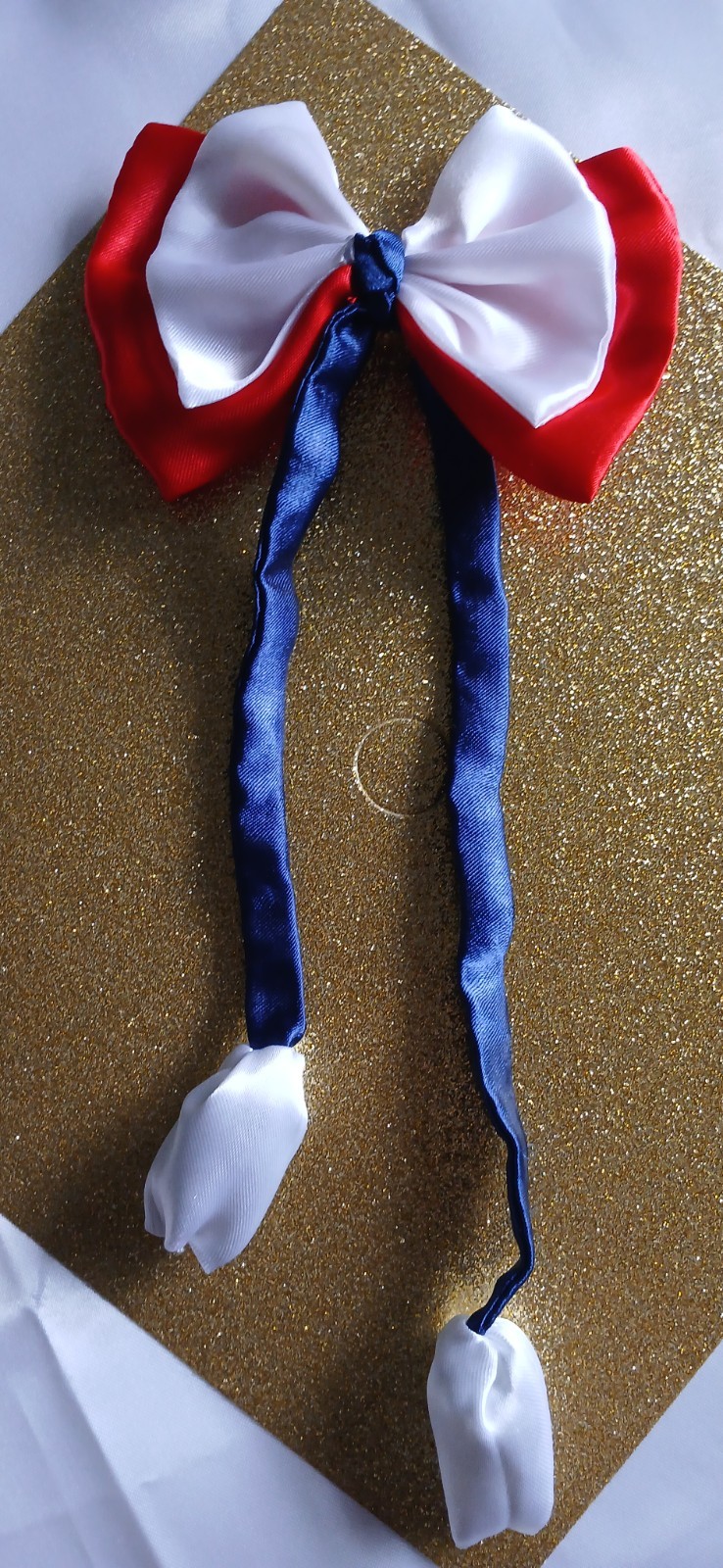 Set of 2 Red & White Satin Bow Hair Clip Barrettes w/ Long Blue Ribbon Tails