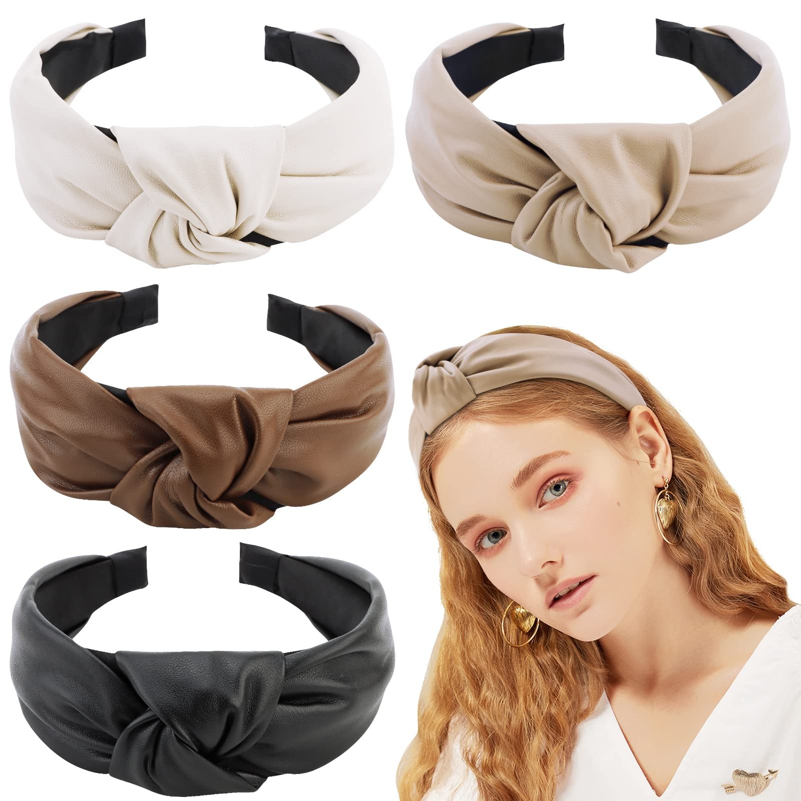 4PCS PU Leather Knotted Headbands for Women Fashion Hair Accessories