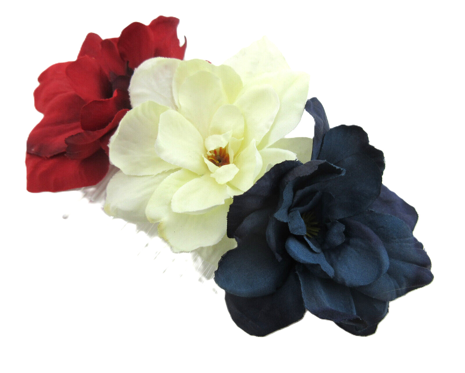 Triple Red White Blue Apple Blossom Silk Flowers Hair Comb
