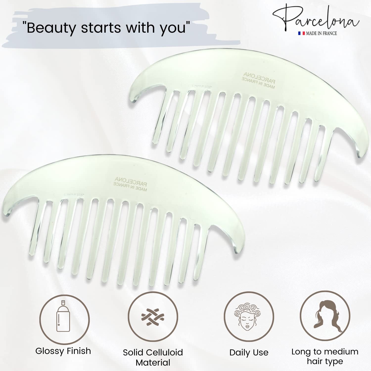 Parcelona French Alice Large Celluloid 12 Teeth Side Hair Combs for Women 2 Pcs