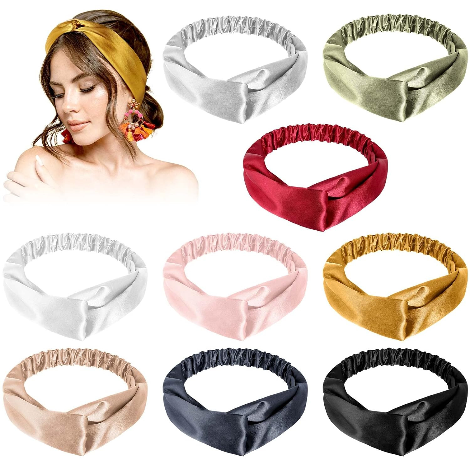 MTLEE 9 Pieces Elastic Hair Wraps and Adjustable Satin Headbands Twisted Turban
