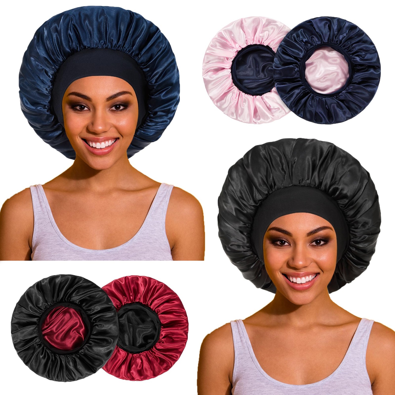 PHILIGHTS 2pcs Double Layer Two-Color Satin Silk Hair Bonnet One Size, Set a