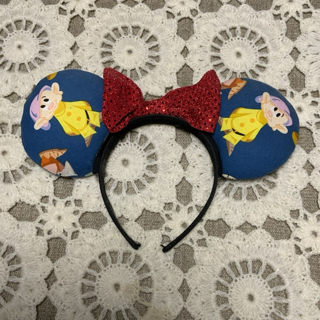 Mickey Mouse Ears Headband Blue Graphic Print Red Glitter Bow Fabric Plastic