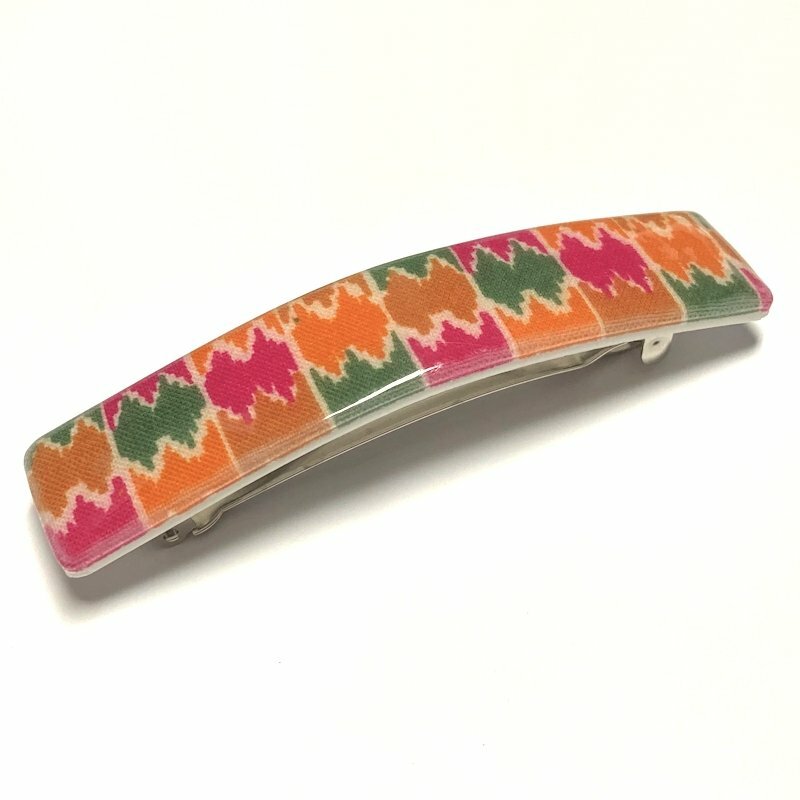 Vintage Knit Fabric Print Folk Stripe Plastic Barrette Hair Clip Made in France