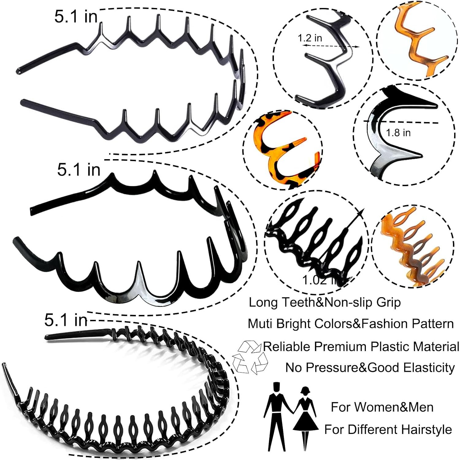6 PCS Zig Zag Headbands Plastic Wavy Hair Head Band Comb with Teeth Hoop