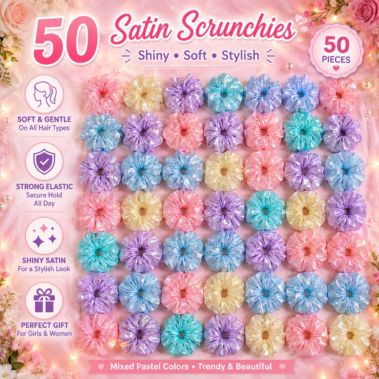 50PCS Satin Hair Scrunchies Soft Elastic Ponytail Holders Mixed Pastel Colors
