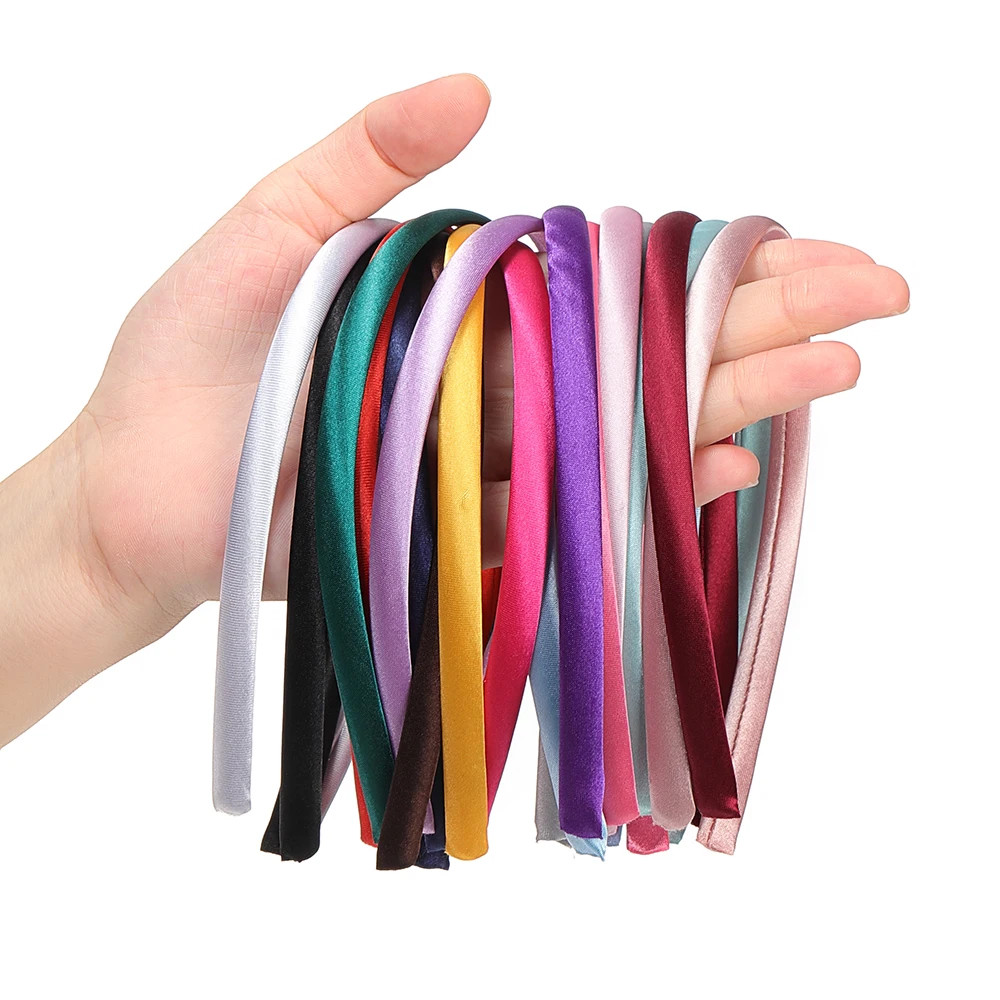 10Pcs Fashion Satin Solid Color Headband Colorful Fabric Covered Thin Plastic Ha