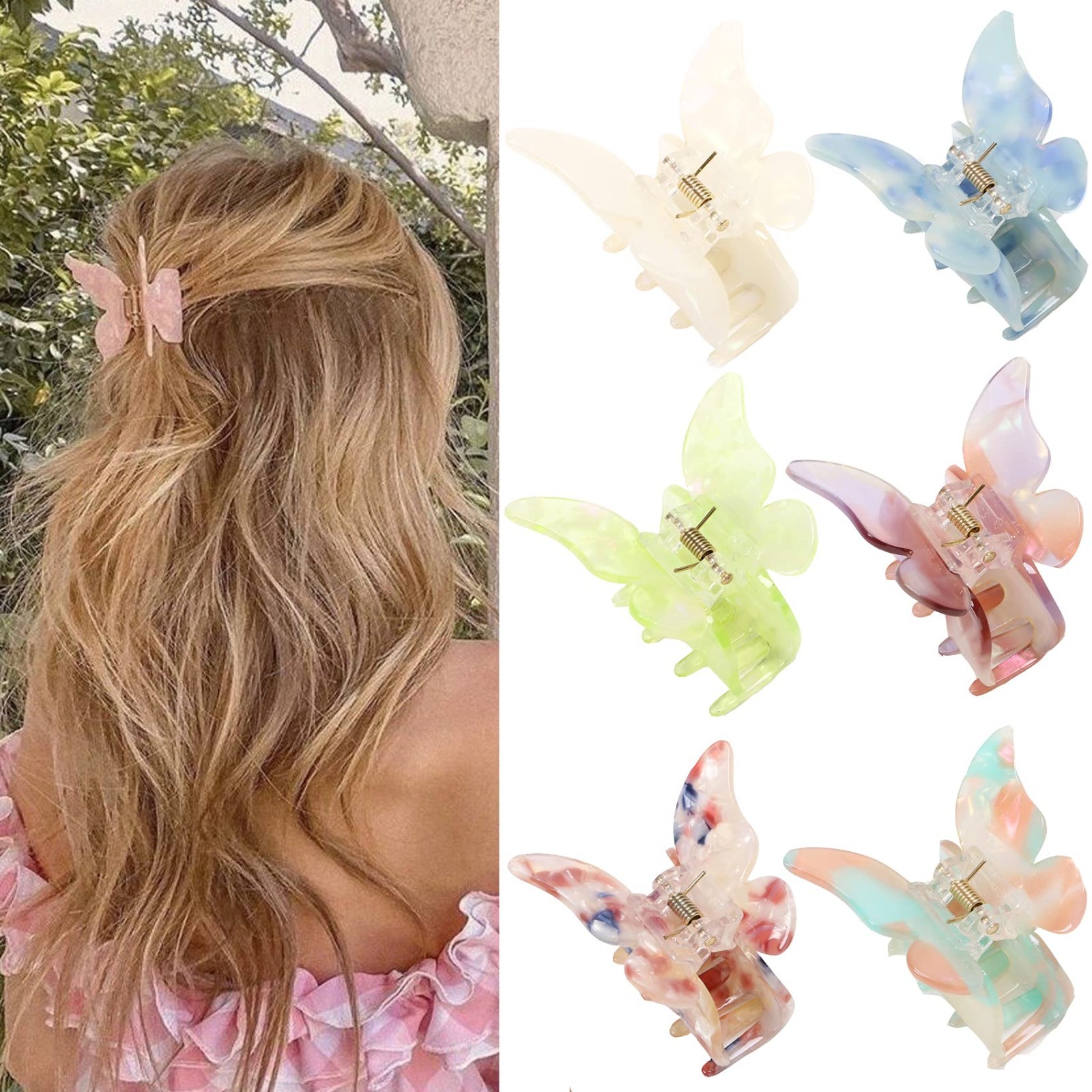 Butterfly Tortoise Shell Hair Claw Clips – 6 Pack Jaw Clips for Girls & Women