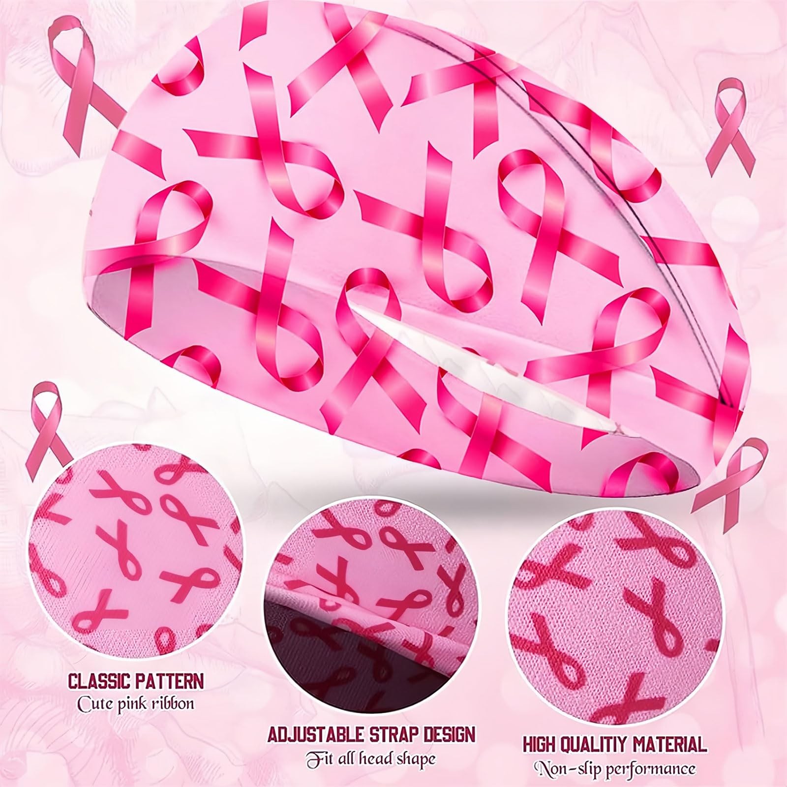 5 PCS Pink Ribbon Breast Cancer Awareness Headbands Elastic Wide Hair Band