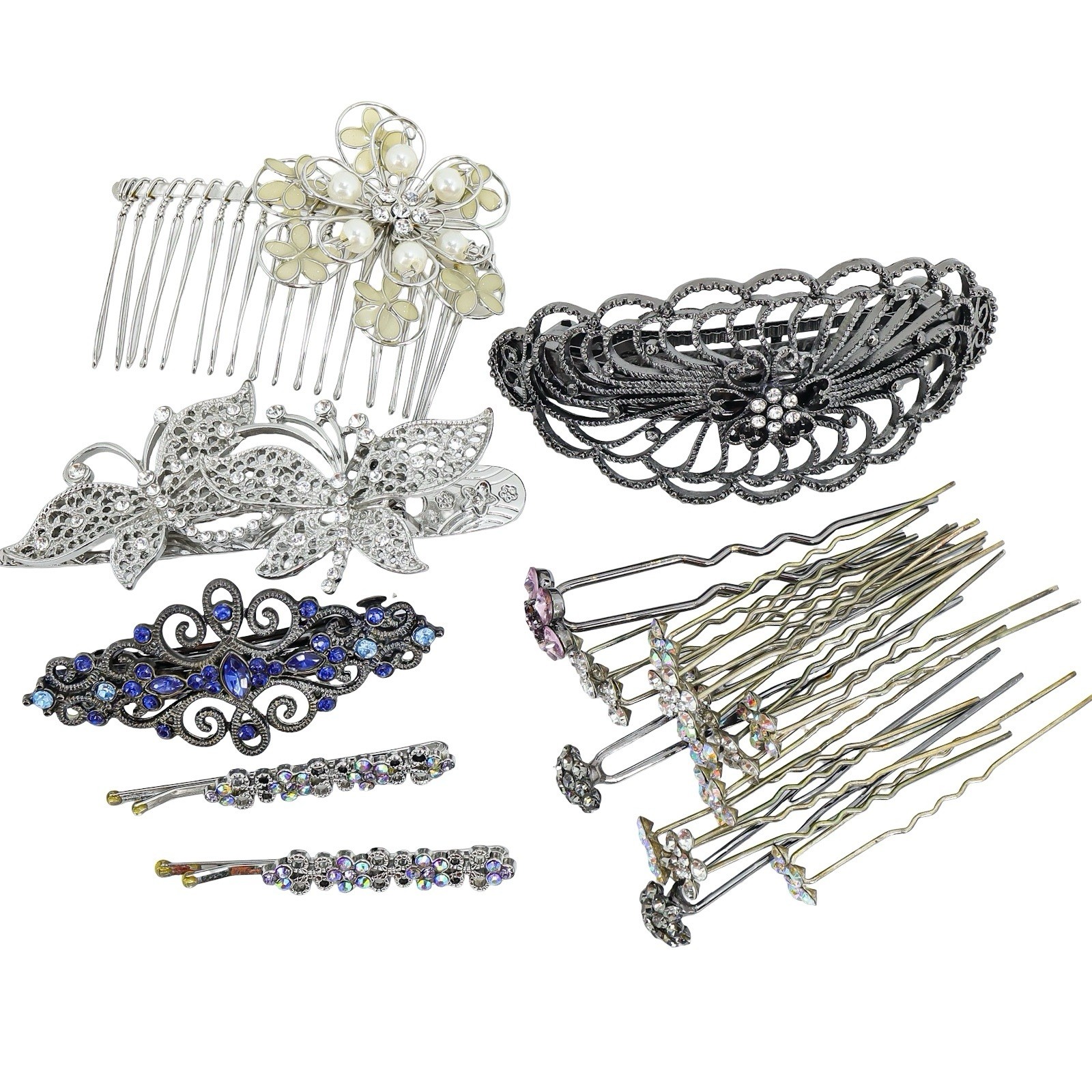 Vintage Bridal Romantic Gothic Hair Accessories Lot Rhinestone Barrettes Pins