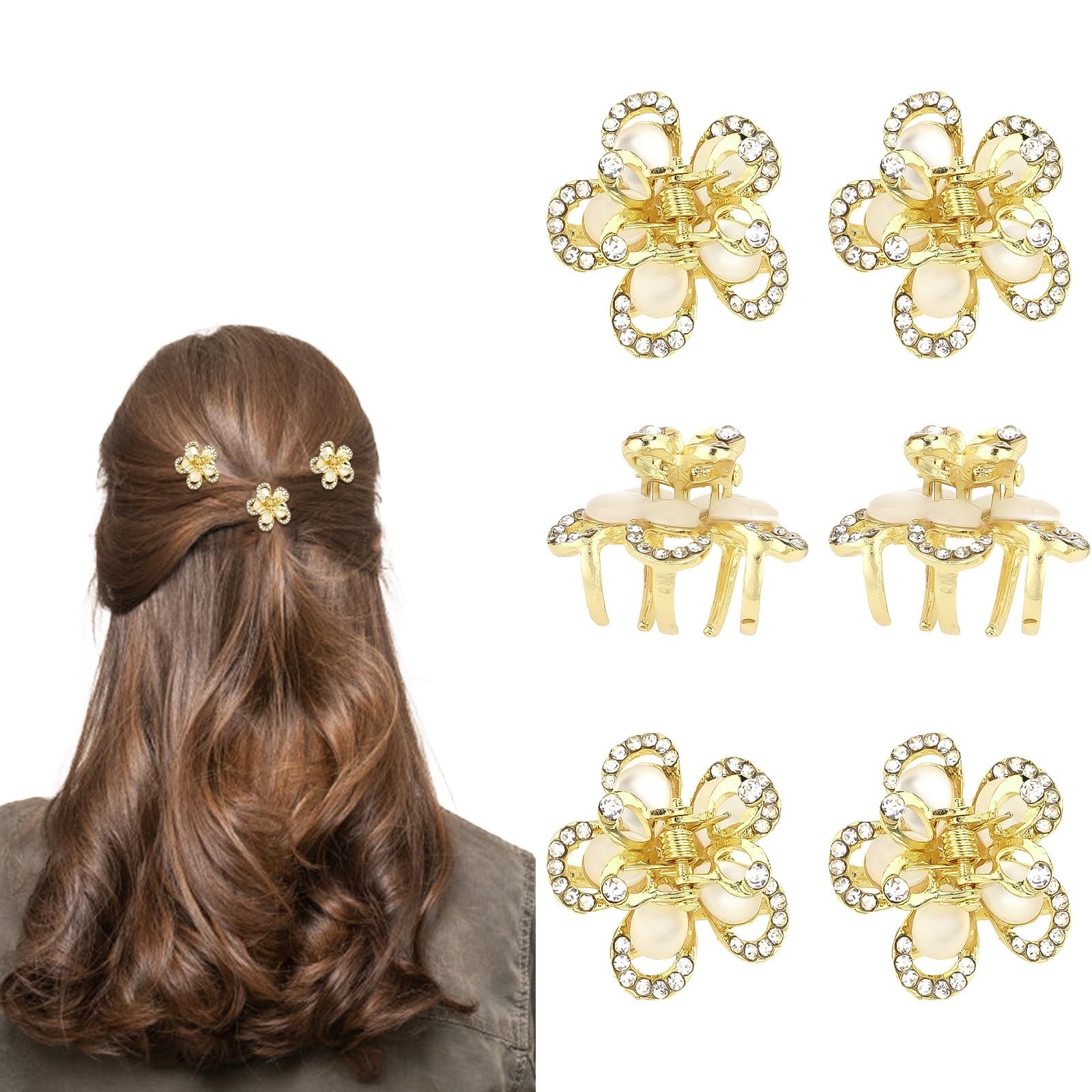 Esitrormi Small Claw Clips for Women Cute Flower Rhinestone Hair gold