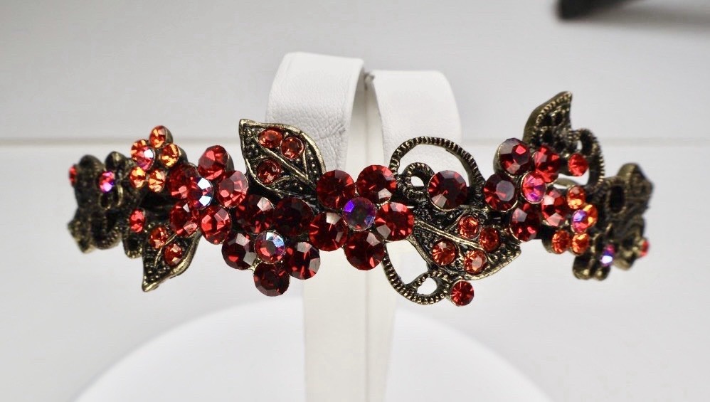 Swarovski Hair Barrette Clip Red Pink Aurora Borealis Gold Tone