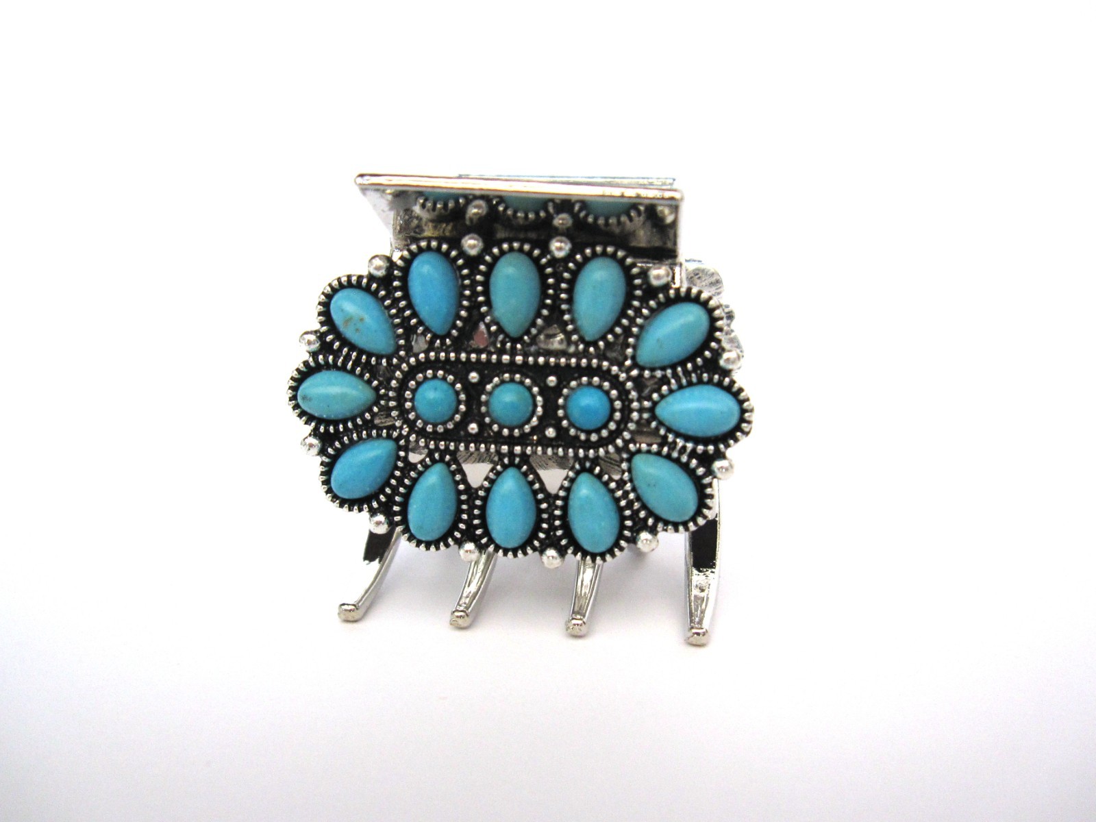 Small/medium turquoise blue silver metal western hair claw clip