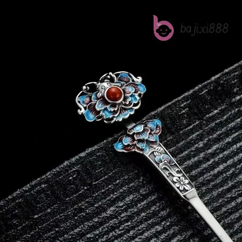 134mm Classic Enamel Lotus Cloisonne Hairpin Silver Exquisite Hanfu Accessories