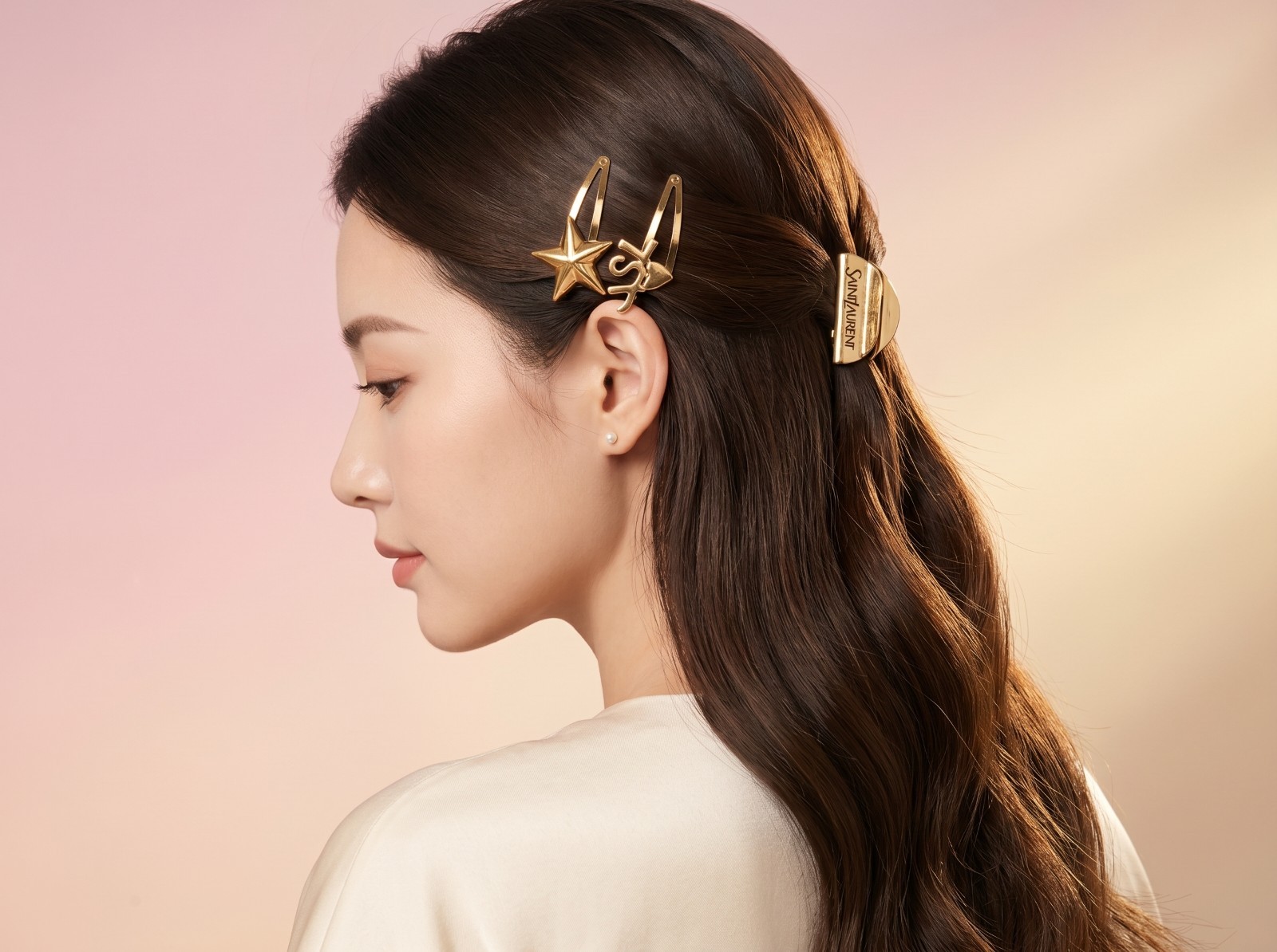 YSL Half Moon Claw Clip Gold Tone Hair Clip Elegant Women