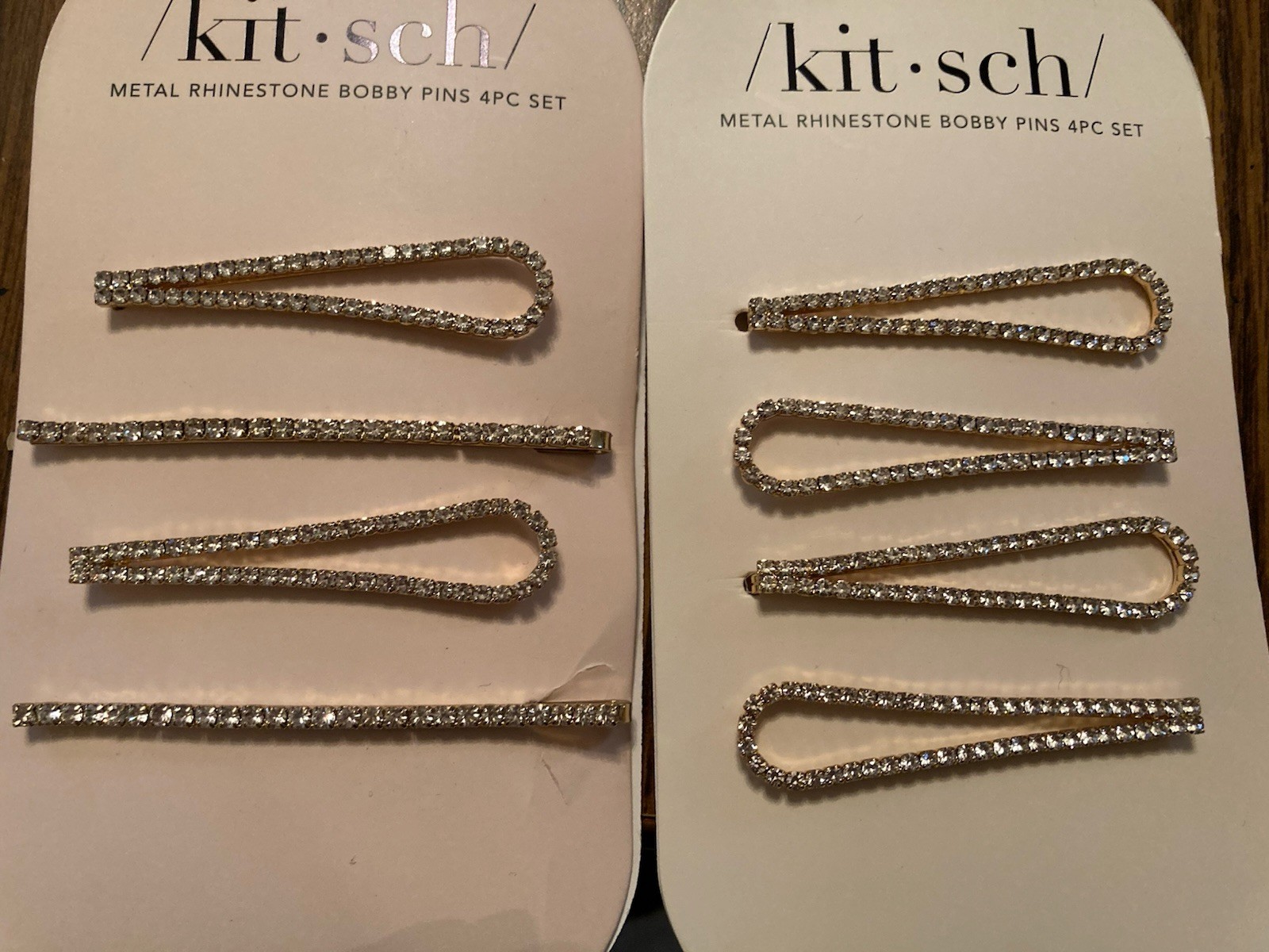 NEW! Set/8 Kitsch Goldtone &Crystal Bobby Pins – 6 Teardrop and 2 Long Straight