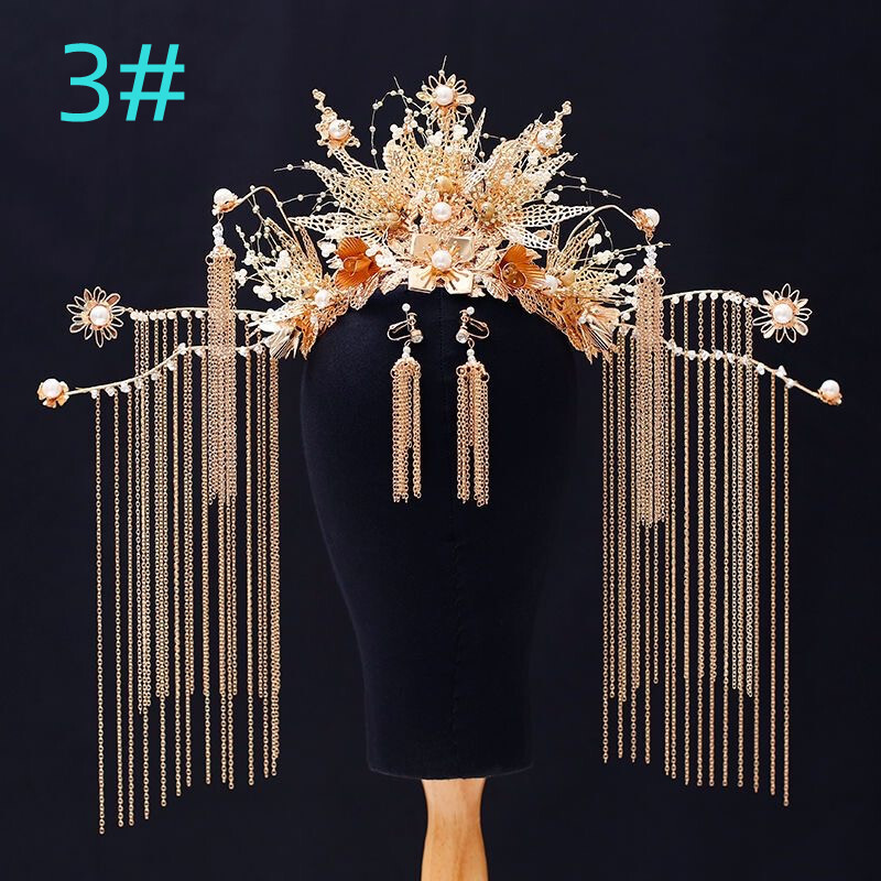 Chinese Style Bride Wedding Hair Ornaments Retro Tassel Headdress+Earrings Set