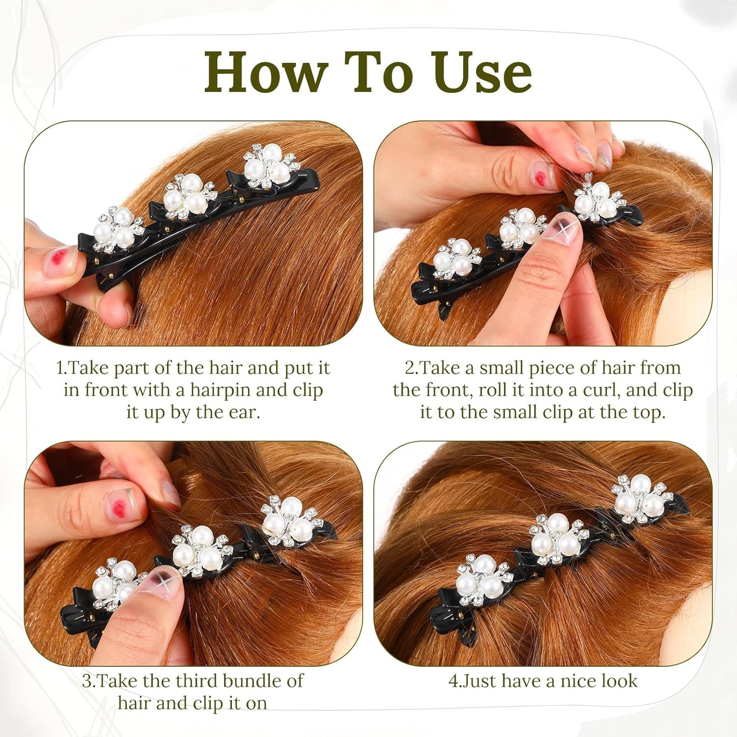 5Pcs Braided Hair Clips for Women, Pearl Hair Clip, Sparkling Crystal Stone Brai