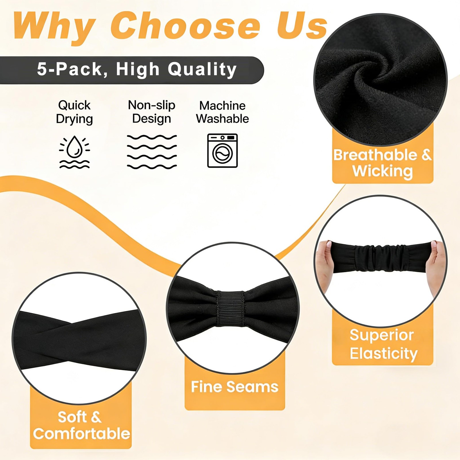 5 PCS Workout Headbands For Women Sweat Absorbing Soft Elastic Yoga Hairbands