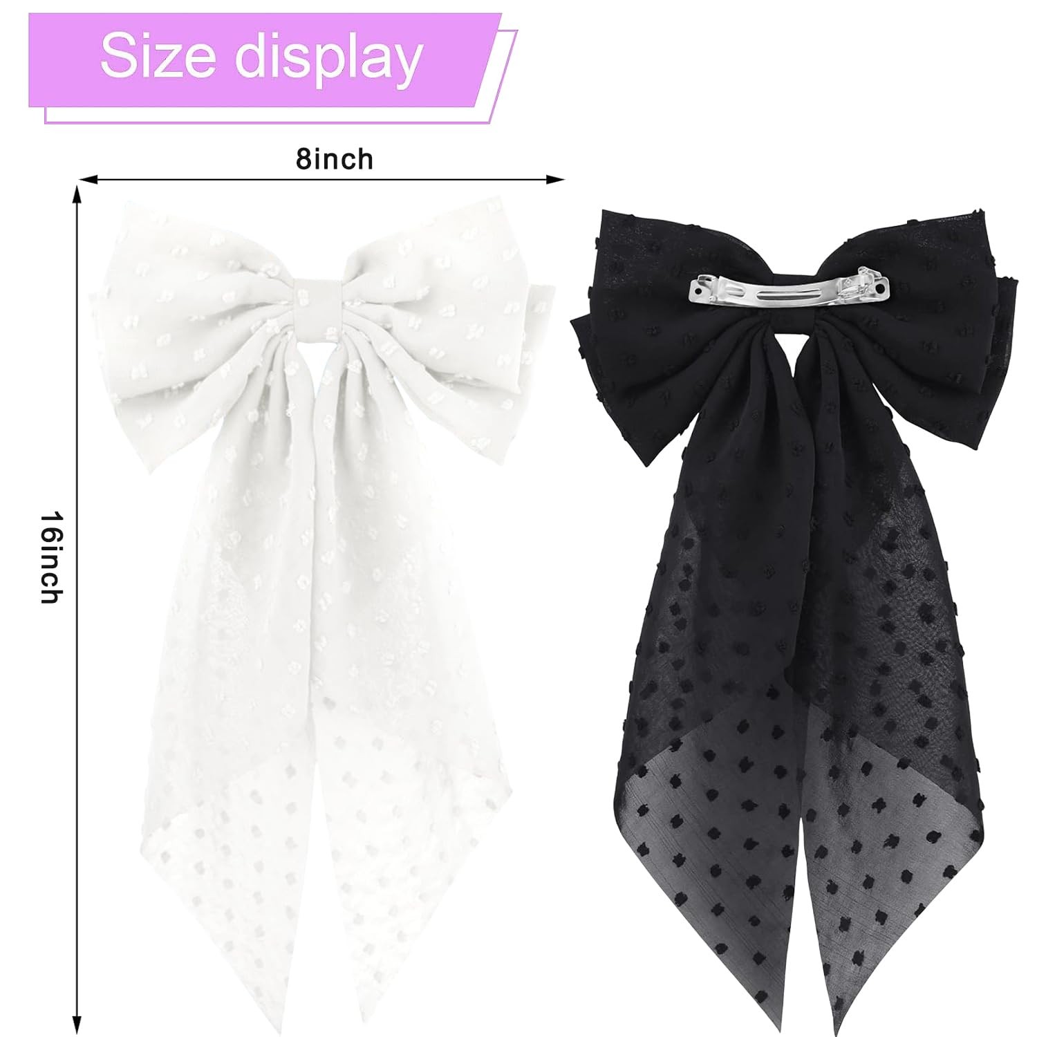 2PCS Large Hair Bows Ribbon Clips, 1 Count (Pack of 1), Blue+White