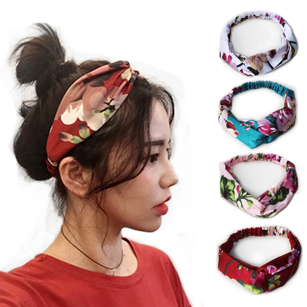 Knotted Floral Headbands 4-Pack Satin Chiffon Pink Red White Blue-Green