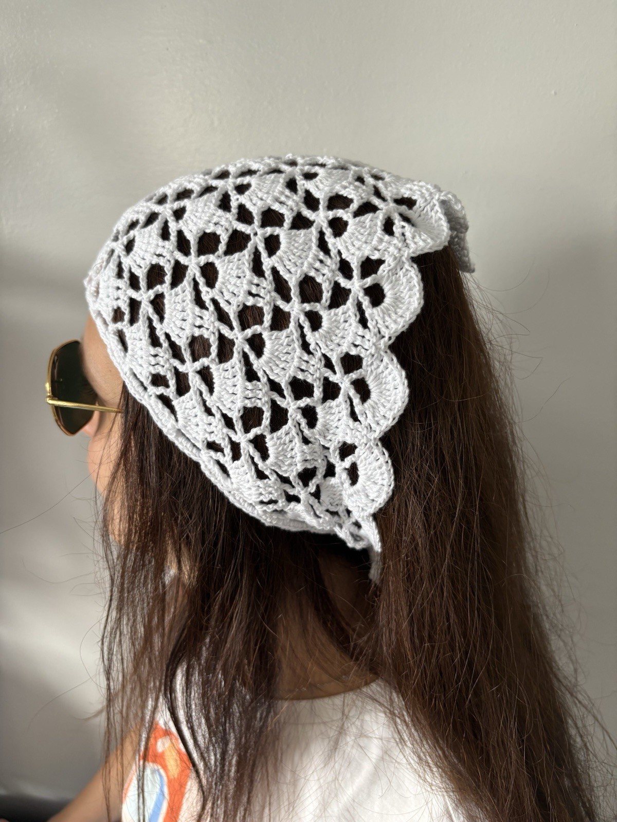 White Crochet Floral Bandana Headscarf Triangle Cotton Eco-Friendly for Women