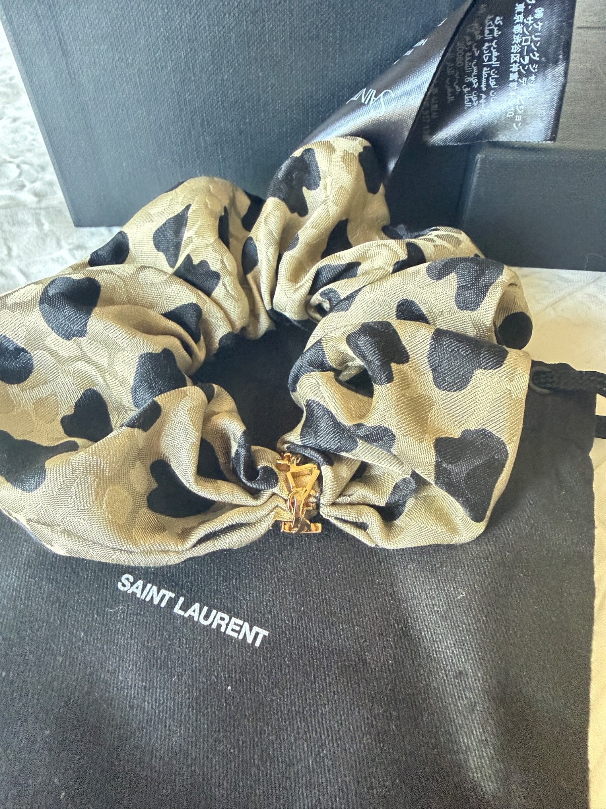 Saint Laurent Cassandre Leopard Silk Scrunchie Women’s Beige New