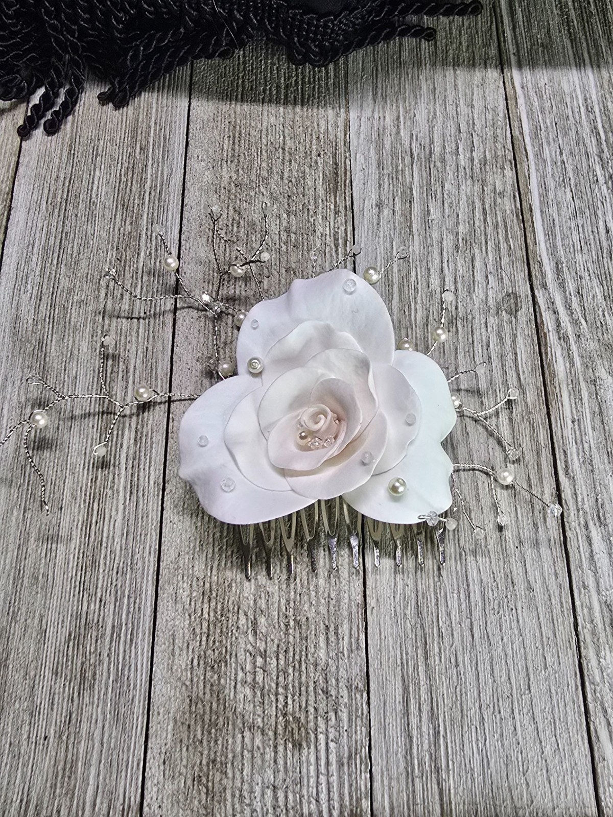 Elegant Handcrafted Glass Pearl Moonstone and Rose Quartz White Rose Hair comb