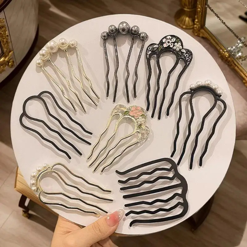 Metal U-shaped Hair Fork Combs Pearl Tassel Sticks Clip Hairpins for Women