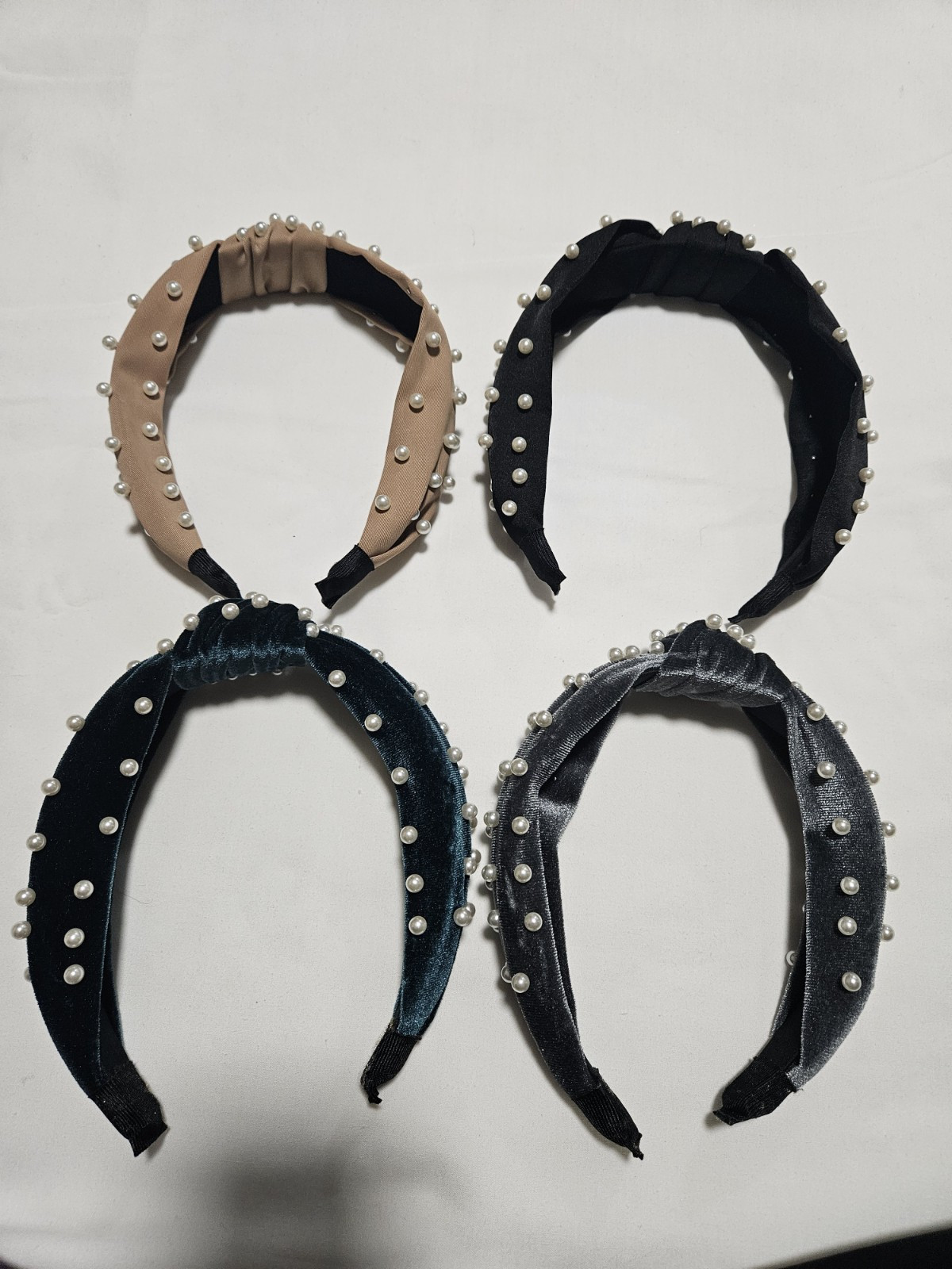 4 Pc Beaded Headband Hair Accessories Pearl Knot Velvet Dark Set