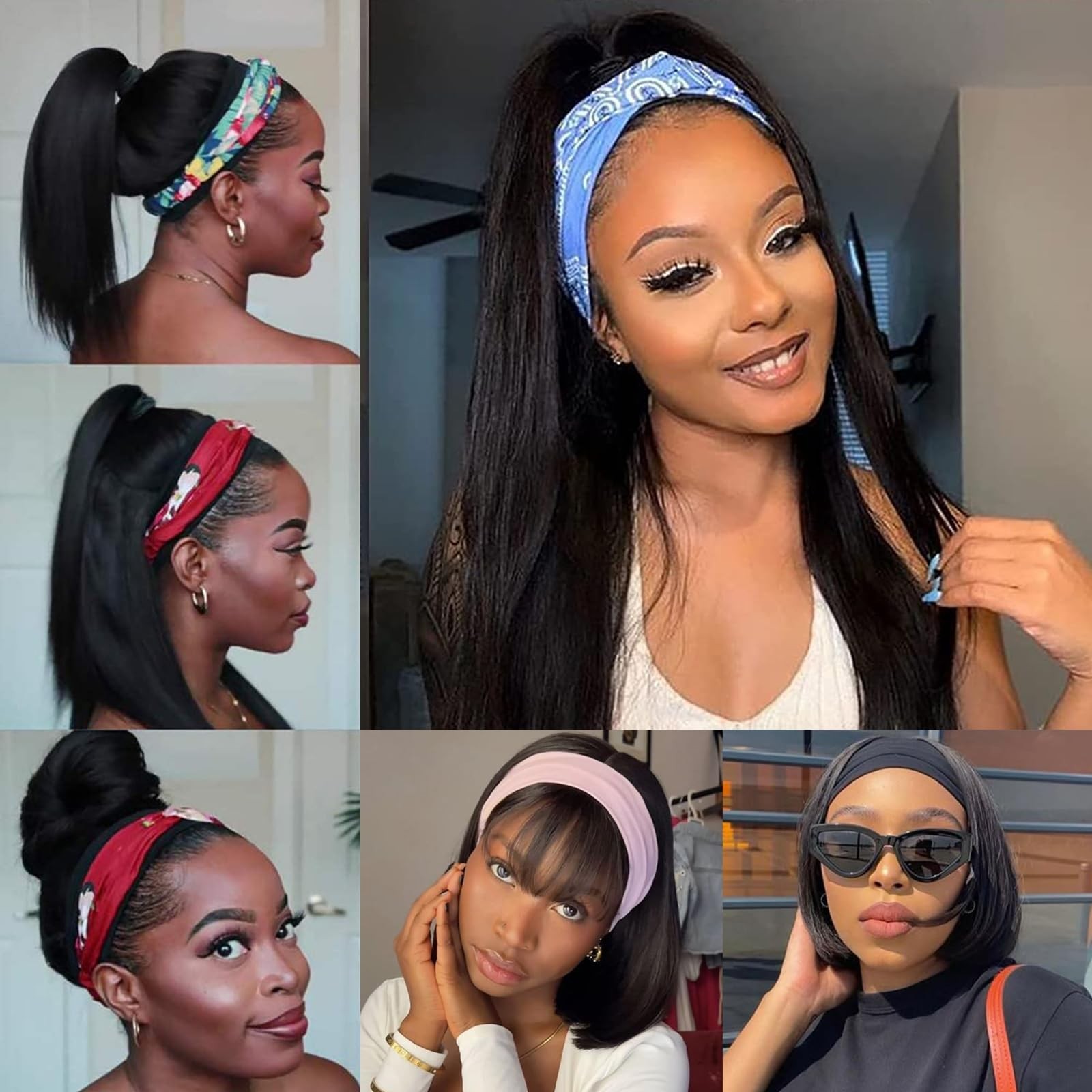 olimaruly Straight Headband Wig Human Hair 16 Inch Natural Black None Front Lace